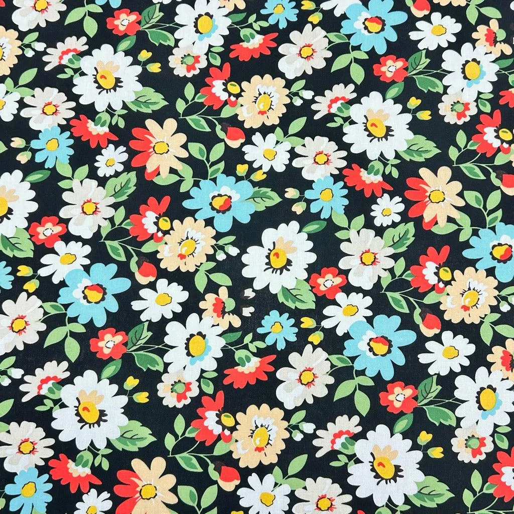 Blue, Orange and White Floral Cotton Poplin Fabric