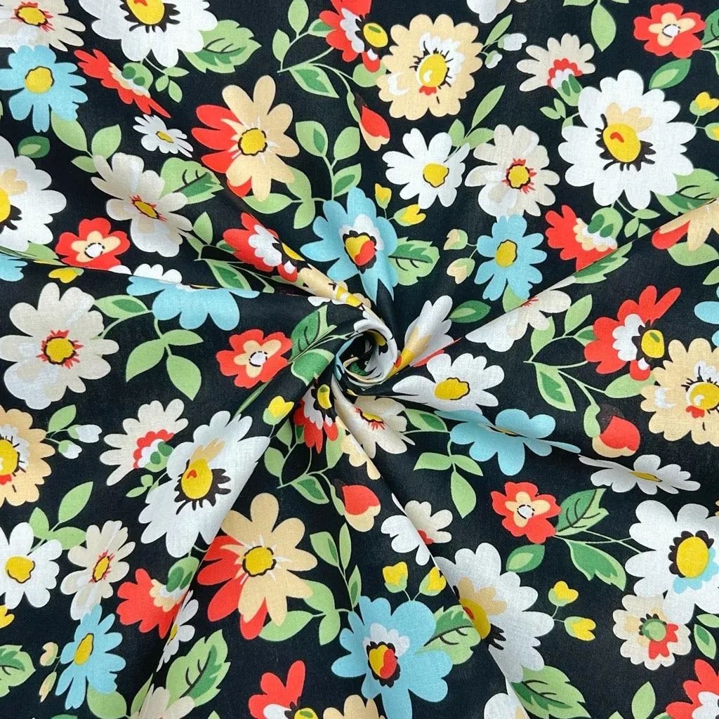 Blue, Orange and White Floral Cotton Poplin Fabric