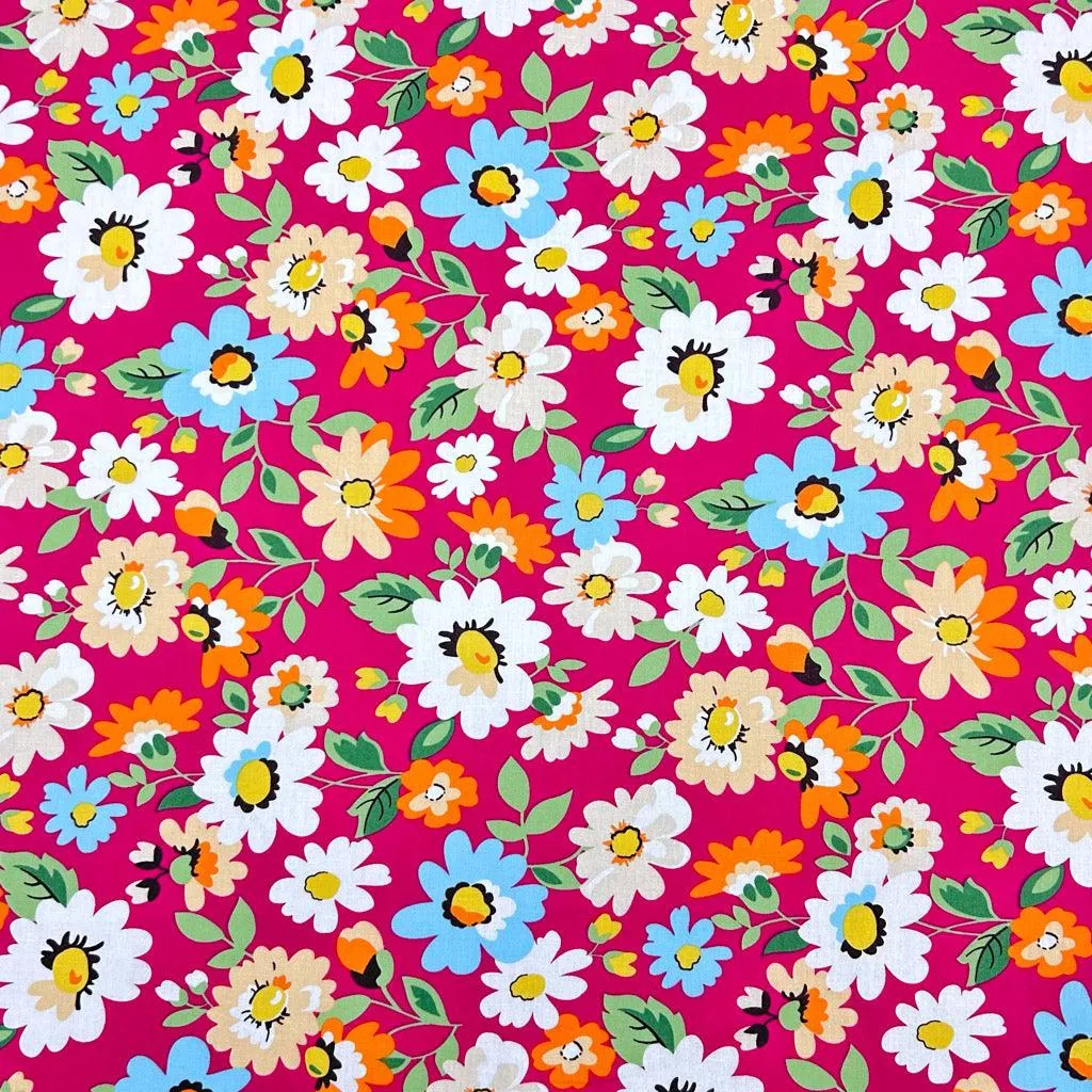 Blue, Orange and White Floral Cotton Poplin Fabric