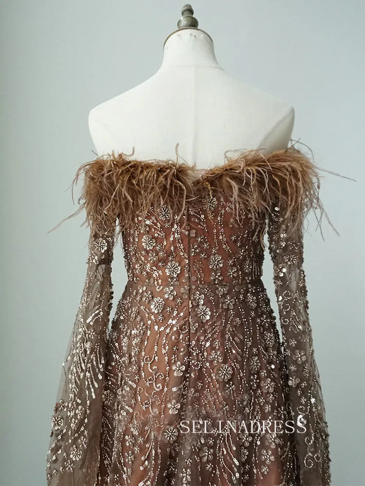 Brown Feathers Beaded Evening Dresses With Cape Sleeves A-Line Gown For Women's Wedding Party ALI0018