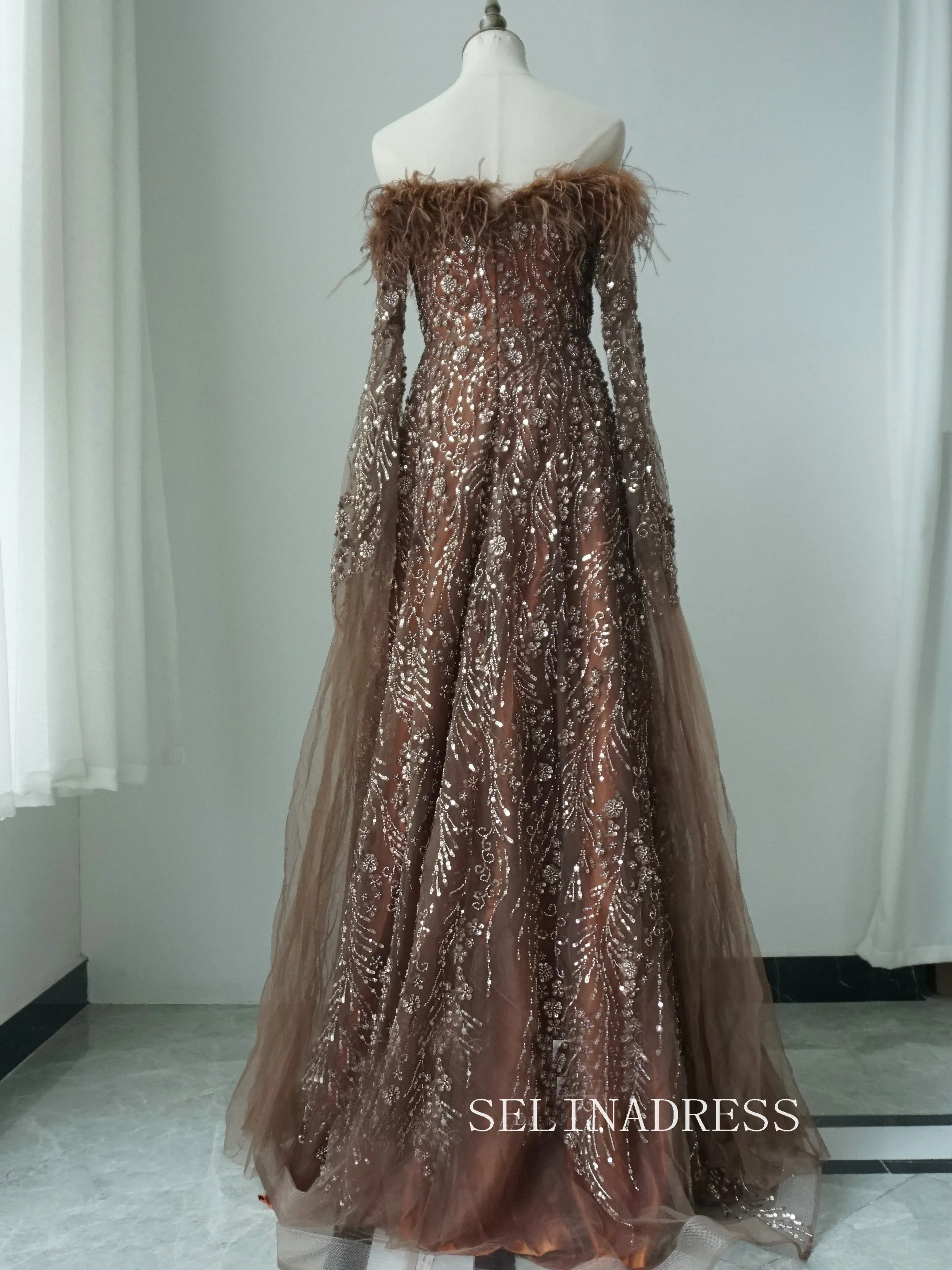 Brown Feathers Beaded Evening Dresses With Cape Sleeves A-Line Gown For Women's Wedding Party ALI0018