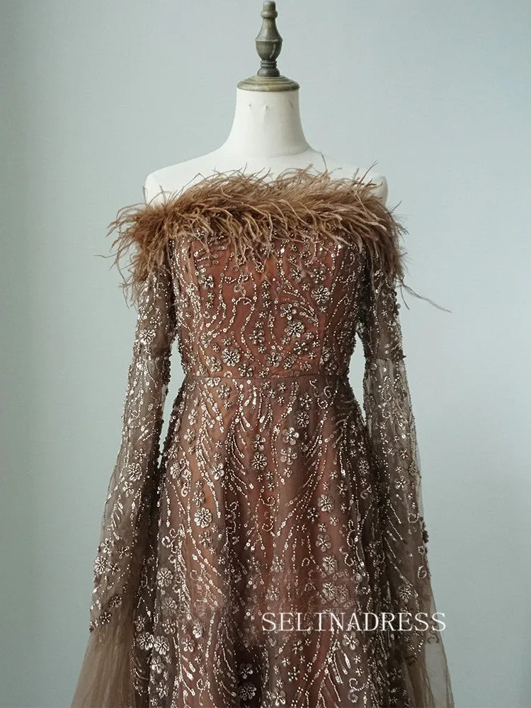 Brown Feathers Beaded Evening Dresses With Cape Sleeves A-Line Gown For Women's Wedding Party ALI0018