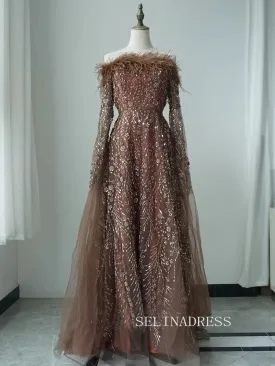 Brown Feathers Beaded Evening Dresses With Cape Sleeves A-Line Gown For Women's Wedding Party ALI0018