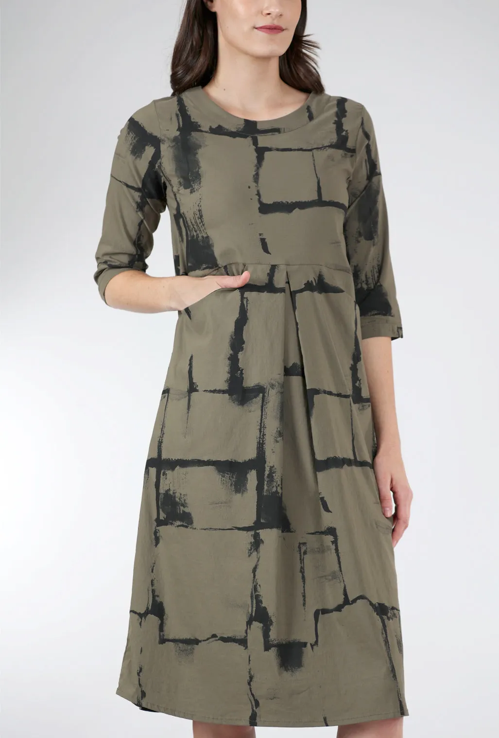 Brushstroke Pleat-Detail Dress, Khaki