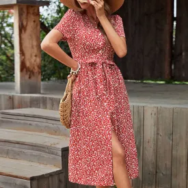 Button-Down Short-Sleeved V-Neck Floral Slit Slim Dress Wholesale Dresses