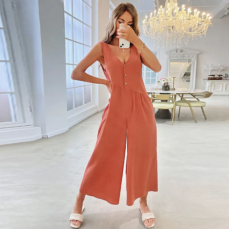 Button Open Back V-Neck Casual Loose Sleeveless Jumpsuit Wholesale Women'S Clothing