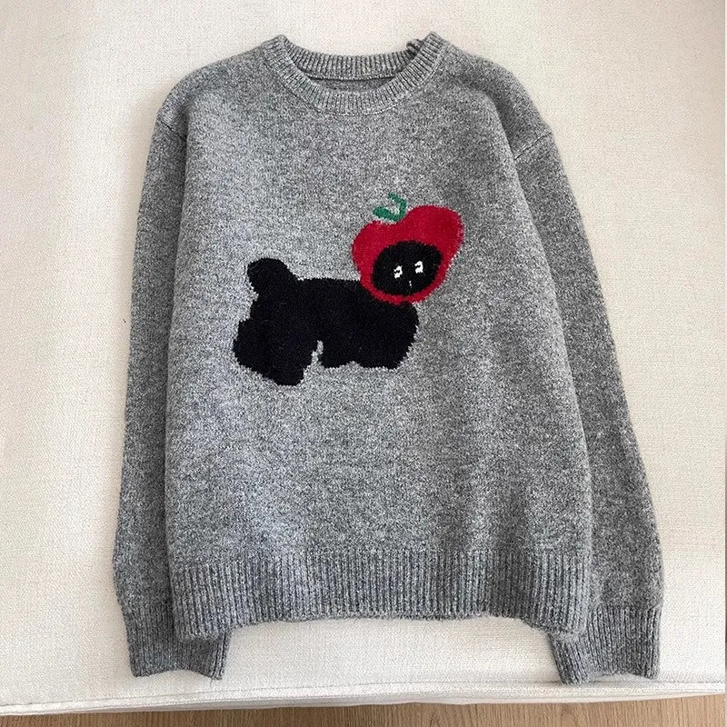 cartoon cute puppy jacquard round neck fashion  knitted sweater    S4771