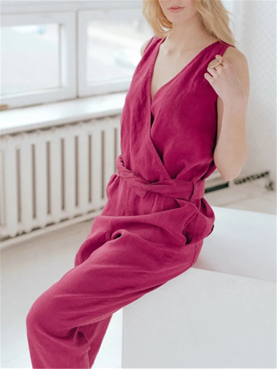 Casual Fashion Cotton Linen Sleeveless Jumpsuits