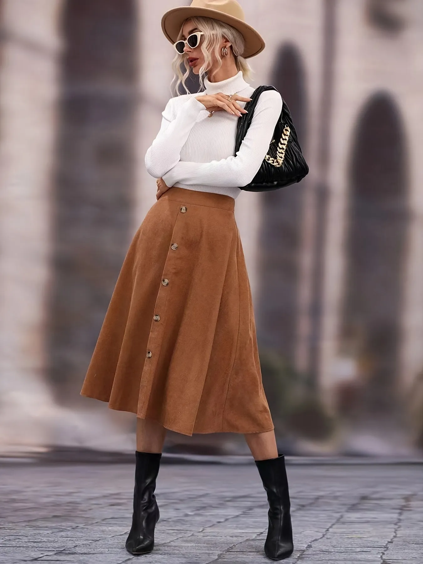 Casual Faux Suede Long High Waist Button Fashion Skirts