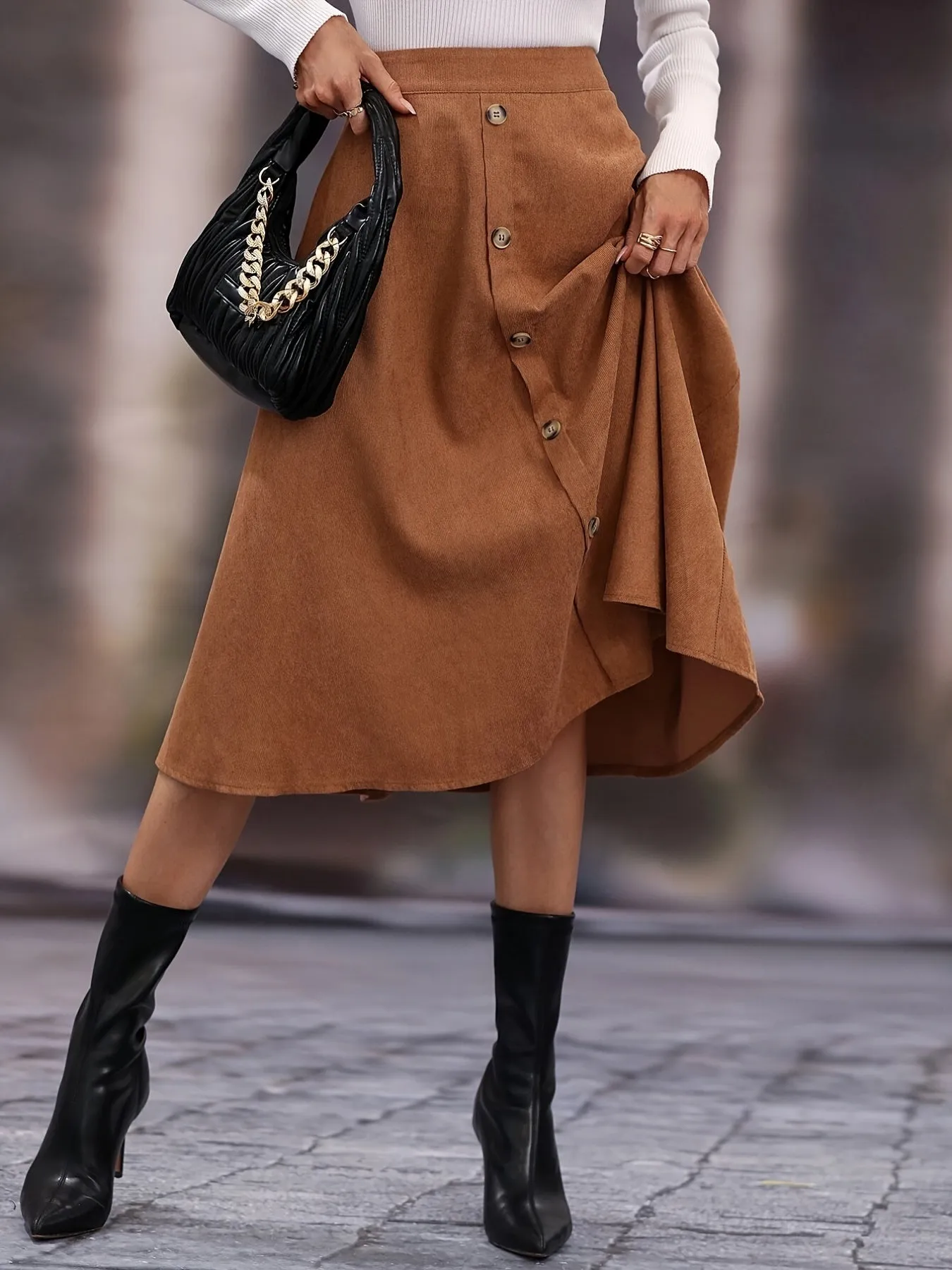 Casual Faux Suede Long High Waist Button Fashion Skirts