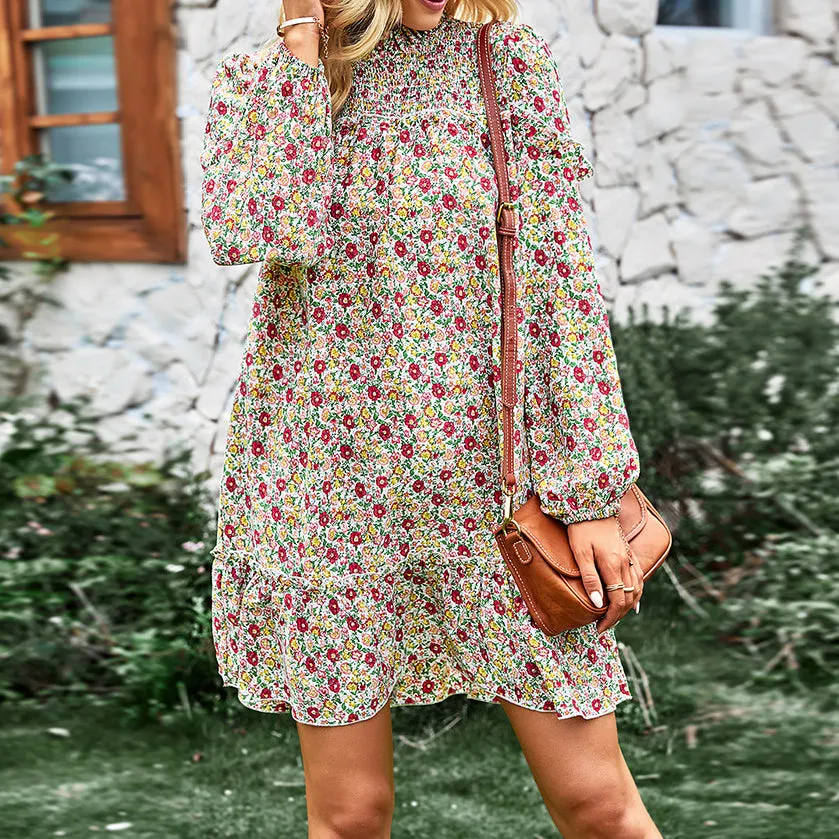 Casual Floral Mini Dress Long Sleeve Crew Neck Vacation Wholesale Dresses