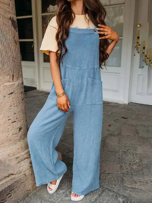 Casual solid color pocket folded square collar loose suspenders jumpsuit