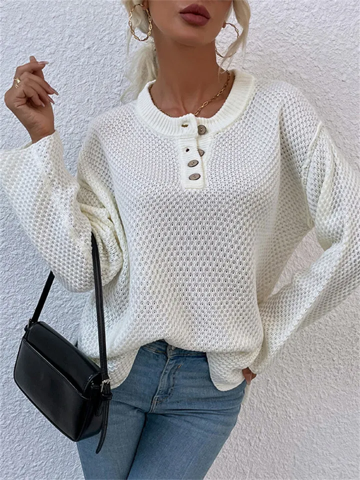 Casual Solid Color Sweater with Round Neck and Buttons