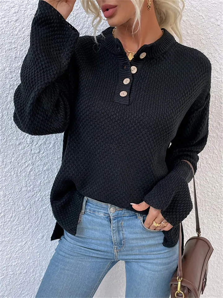 Casual Solid Color Sweater with Round Neck and Buttons