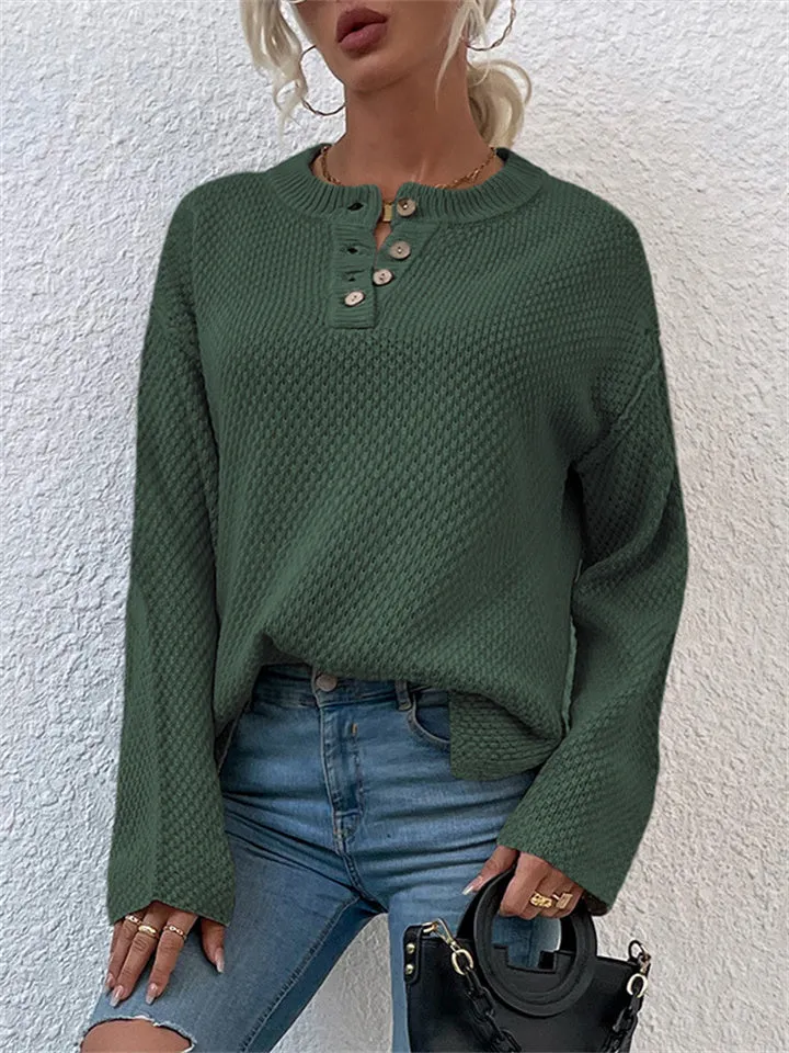 Casual Solid Color Sweater with Round Neck and Buttons