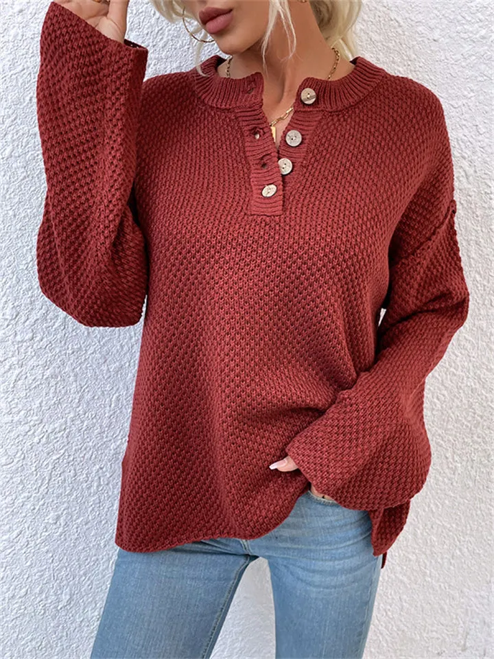 Casual Solid Color Sweater with Round Neck and Buttons