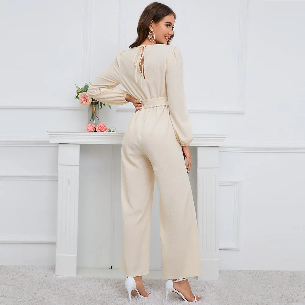 Casual Solid Color V-neck Long Sleeve Slim-fit Jumpsuit