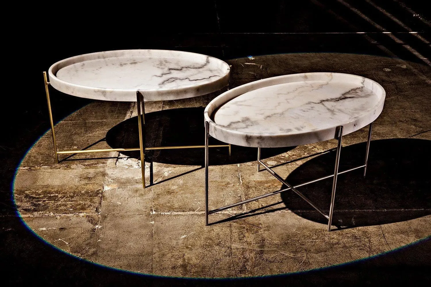 Che Steel and Marble White Oval Cocktail Table