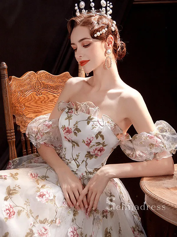 Chic A-line Off-the-shoulder 3D Floral Long Prom Dresses Beautiful Evening Dress MSK001