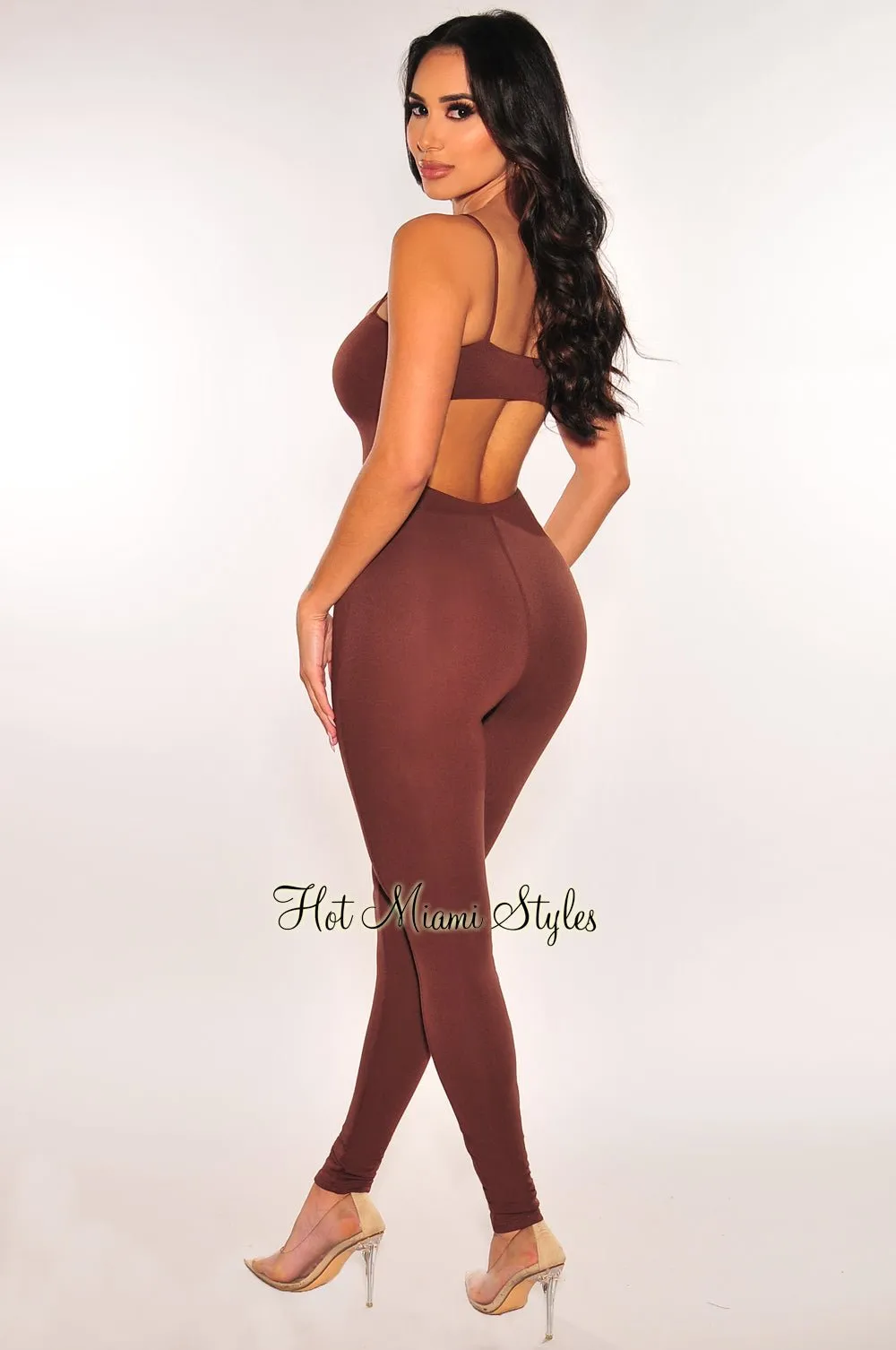 Chocolate Spaghetti Straps Cut Out Back Jumpsuit