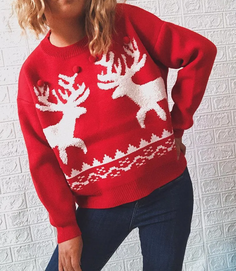 Christmas sweater round neck long sleeve knitted elk pullover