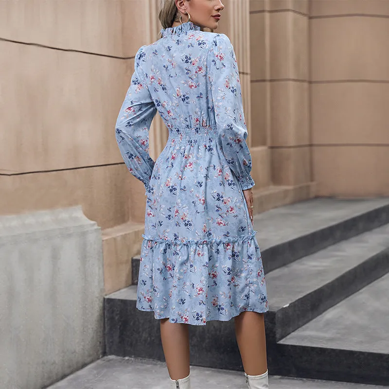 Cinched Waist Long Sleeve V-neck Floral Maxi Dress