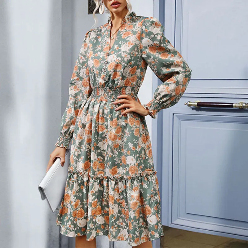 Cinched Waist Long Sleeve V-neck Floral Maxi Dress