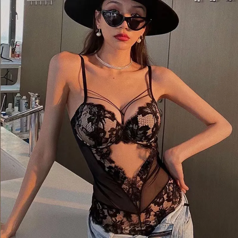 Classic Bandage Bodysuit Sexy Hollow Lace Push Up Bra Set French Romantic Women Bodycon Underwear