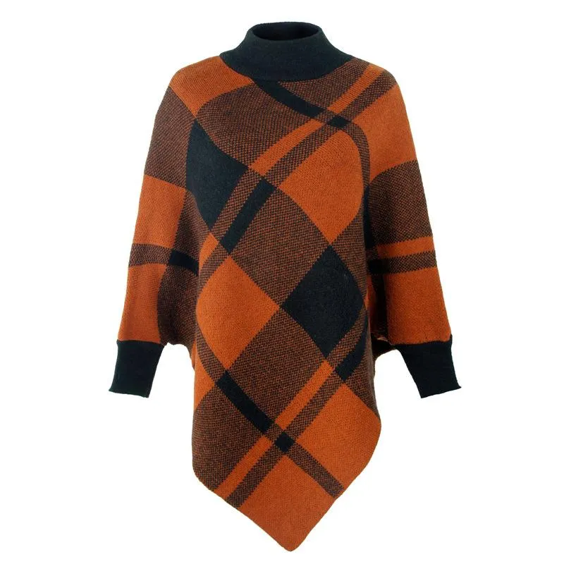 Color-blocking plaid cape bat sleeves pullover knit shawl women