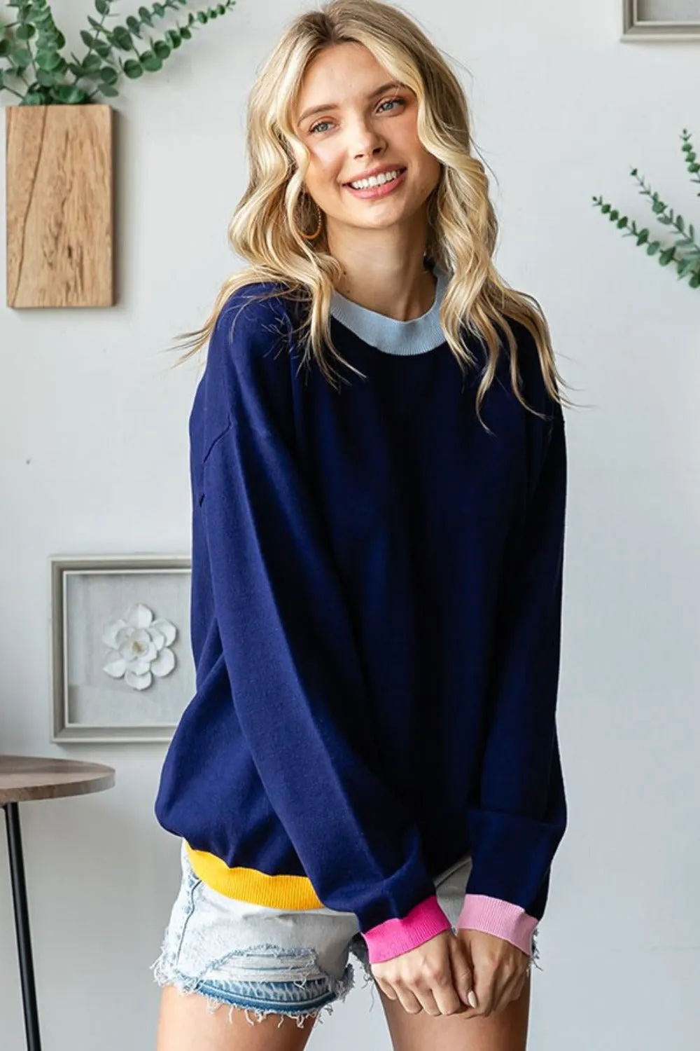 Contrast Ribbed Round Neck Long Sleeve Sweater in Navy by First Love