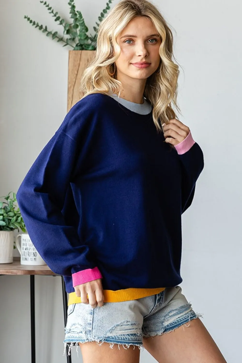 Contrast Ribbed Round Neck Long Sleeve Sweater in Navy by First Love