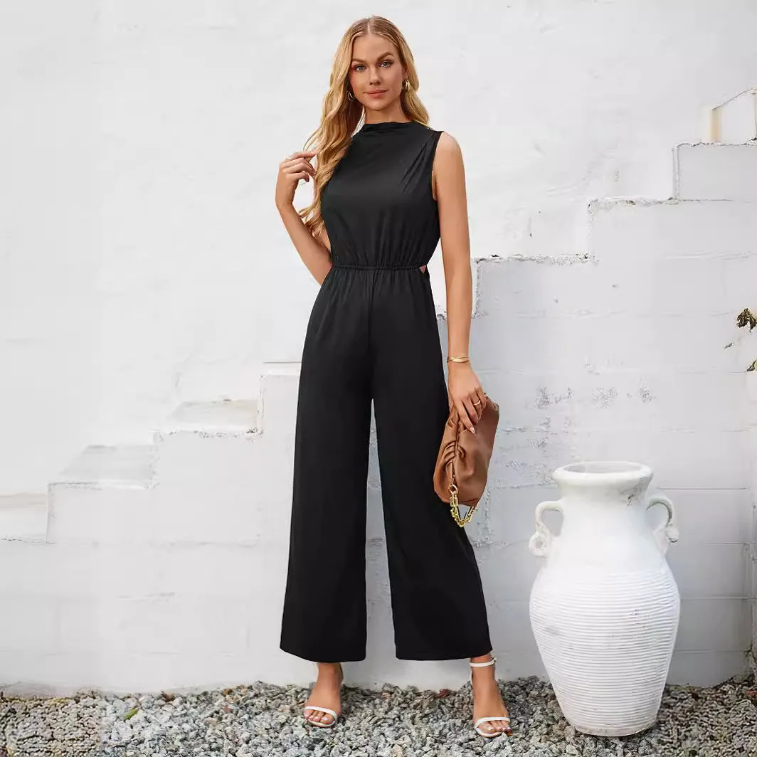 Cowl Neck Solid Color Hollow Out Jumpsuit