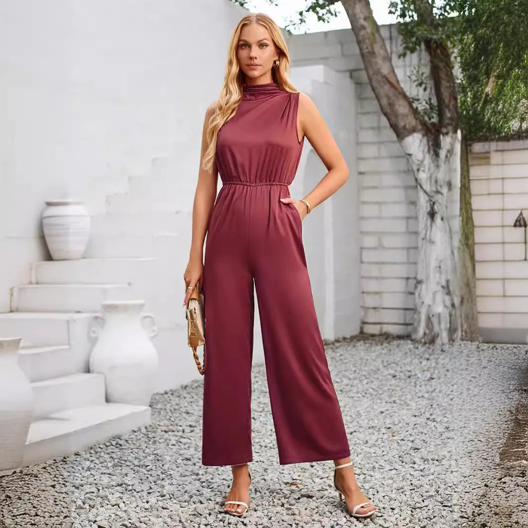 Cowl Neck Solid Color Hollow Out Jumpsuit