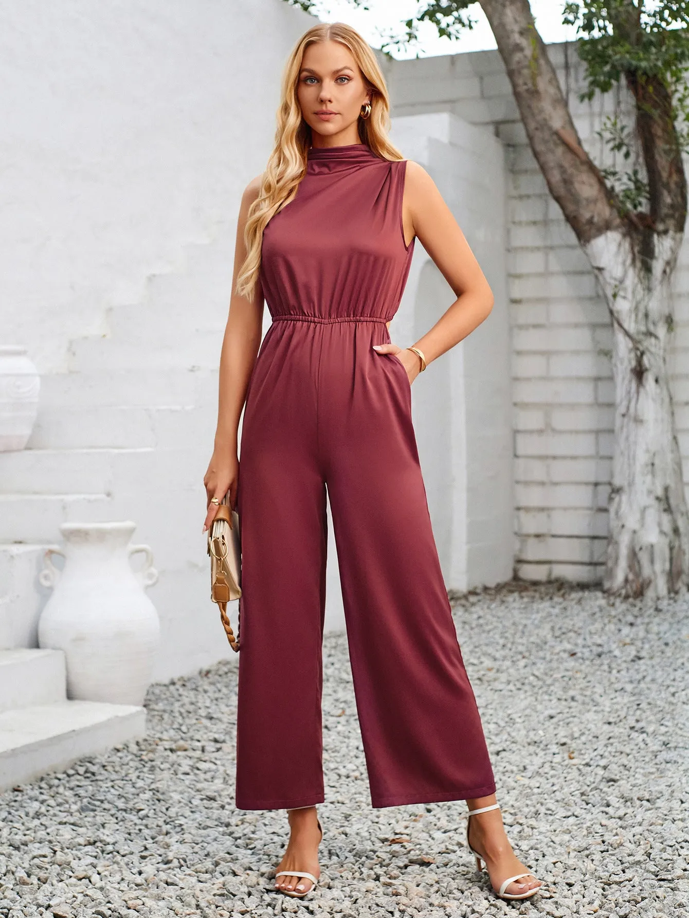 Cowl Neck Solid Color Hollow Out Jumpsuit