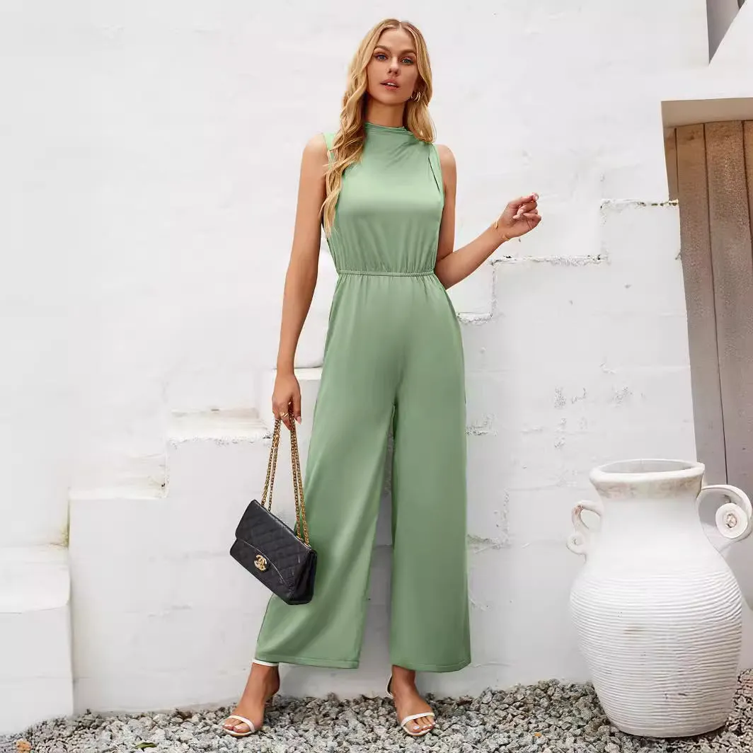 Cowl Neck Solid Color Hollow Out Jumpsuit