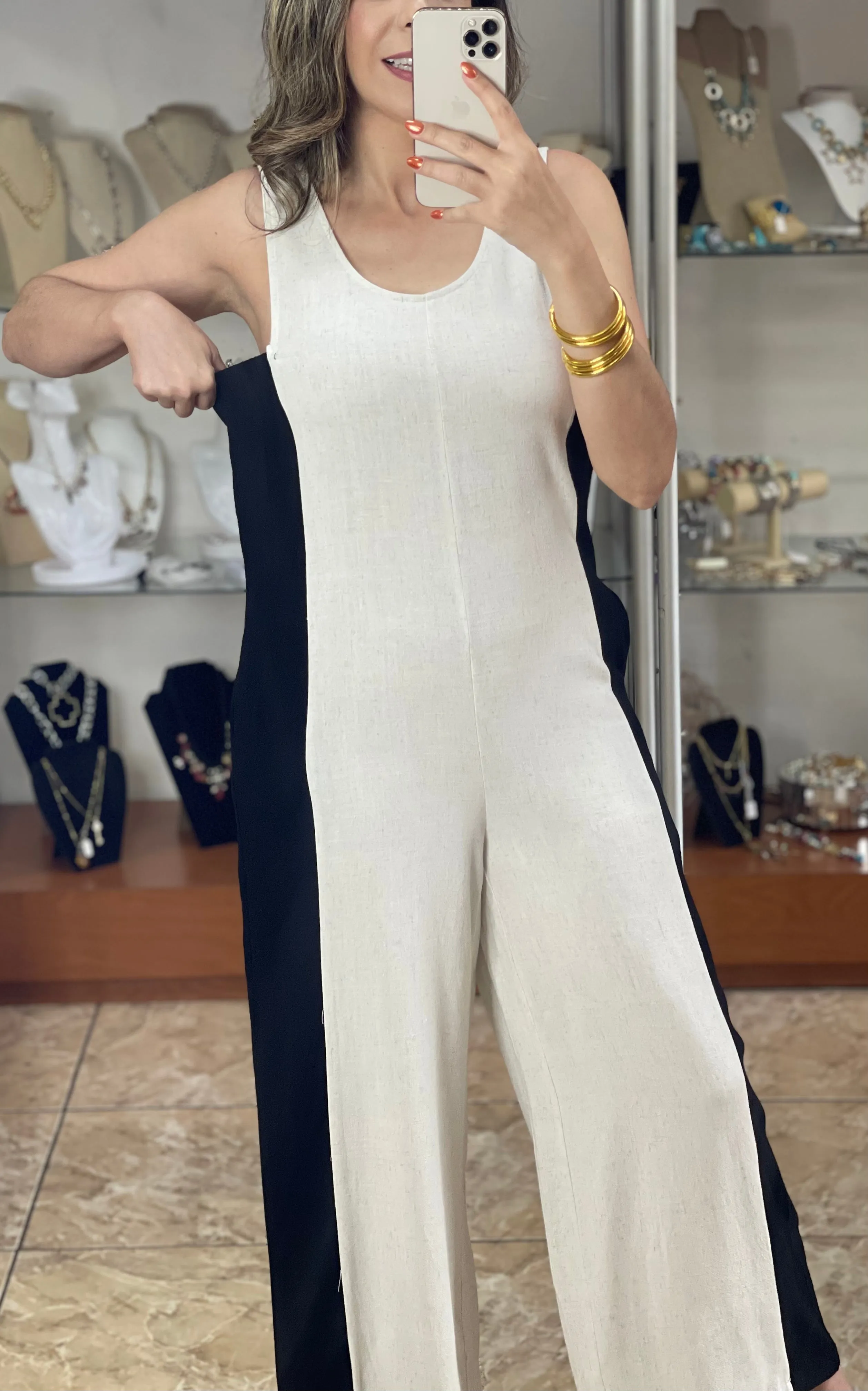 Cream/Black Contrast Jumpsuit