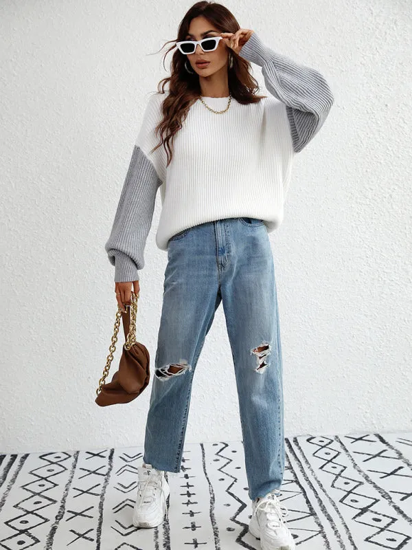 Crew Neck Knit Long Sleeve Striped Loose Sweater