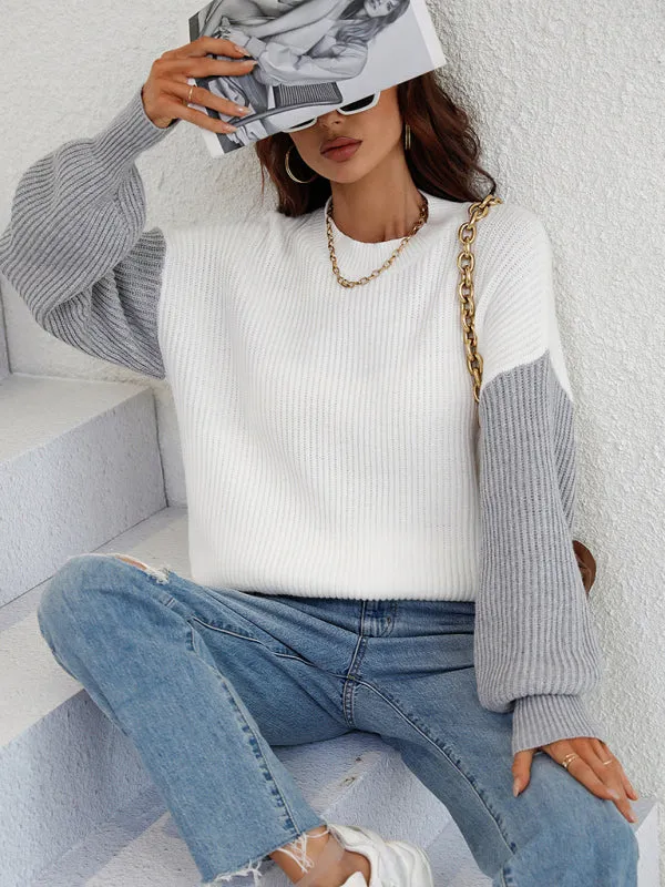 Crew Neck Knit Long Sleeve Striped Loose Sweater