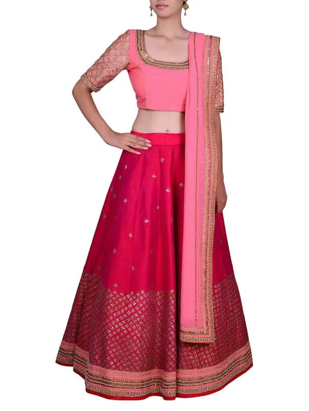 Crimson Red Embroidered Raw Silk Lehenga and Peach Blouse Set