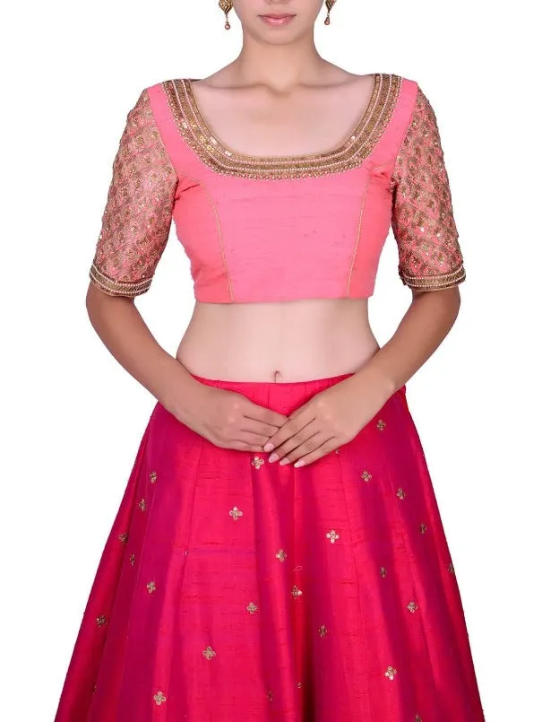 Crimson Red Embroidered Raw Silk Lehenga and Peach Blouse Set