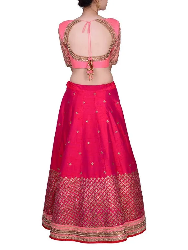 Crimson Red Embroidered Raw Silk Lehenga and Peach Blouse Set