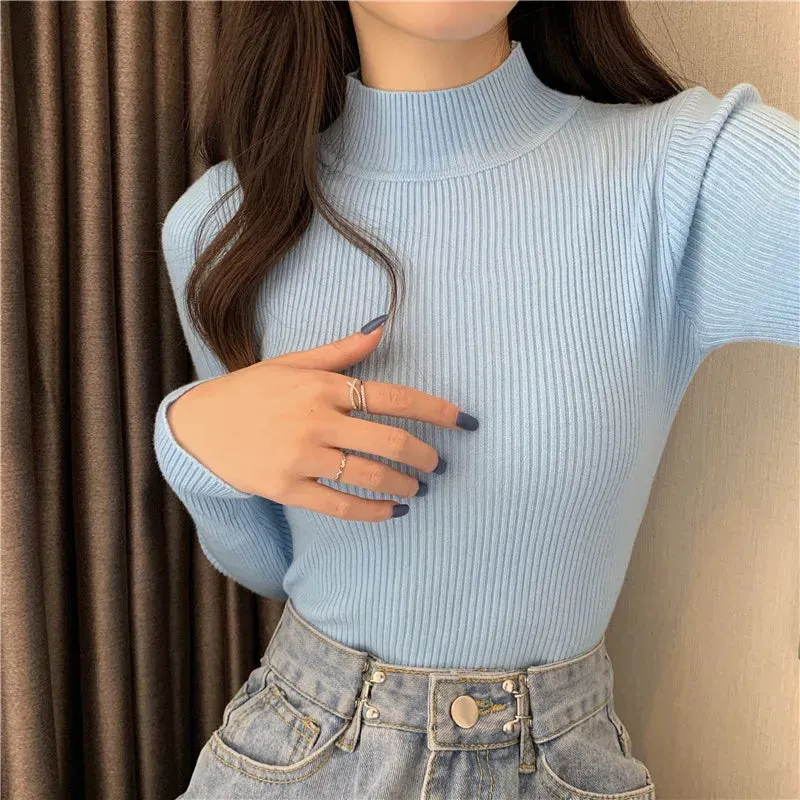 deanwangkt Autumn Basic Bottoming Sweater Top Women Ribbed Soft Mock Neck Elastic Pullover Warm Solid Color Slim Jumper