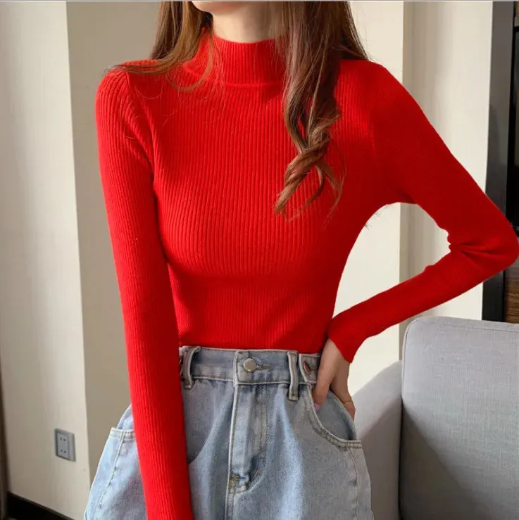 deanwangkt Autumn Basic Bottoming Sweater Top Women Ribbed Soft Mock Neck Elastic Pullover Warm Solid Color Slim Jumper