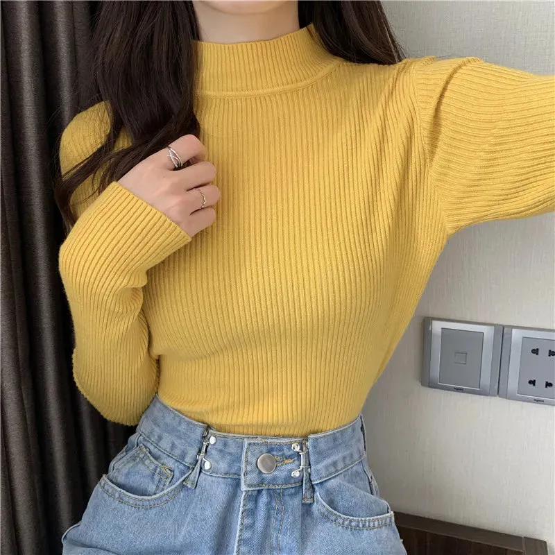 deanwangkt Autumn Basic Bottoming Sweater Top Women Ribbed Soft Mock Neck Elastic Pullover Warm Solid Color Slim Jumper