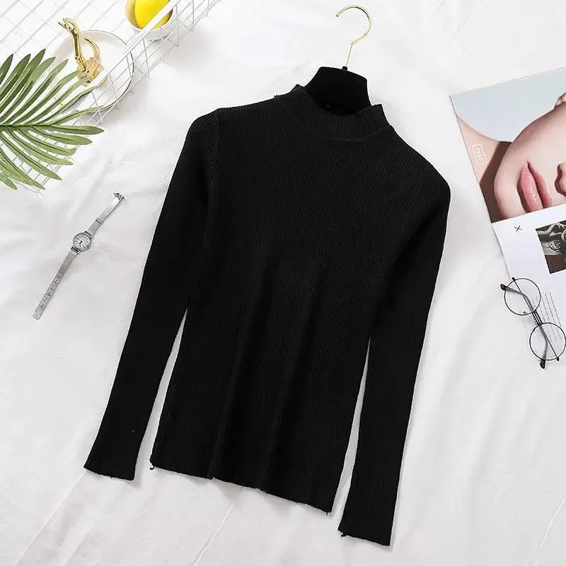 deanwangkt Autumn Women Pullover Sweater Fashion Half Turtleneck Knitted Female Jumper Long Sleeve Winter Black Soft Elastic Blouse