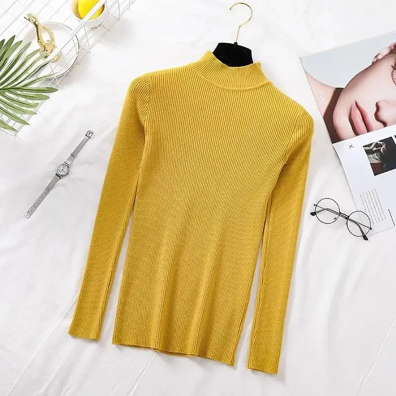 deanwangkt Autumn Women Pullover Sweater Fashion Half Turtleneck Knitted Female Jumper Long Sleeve Winter Black Soft Elastic Blouse