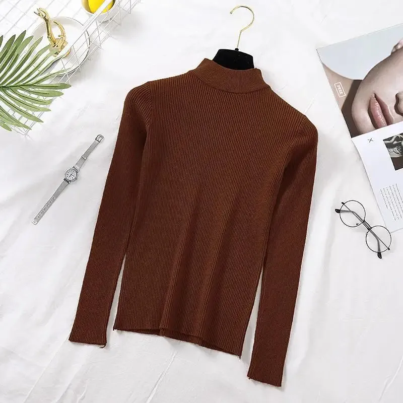 deanwangkt Autumn Women Pullover Sweater Fashion Half Turtleneck Knitted Female Jumper Long Sleeve Winter Black Soft Elastic Blouse