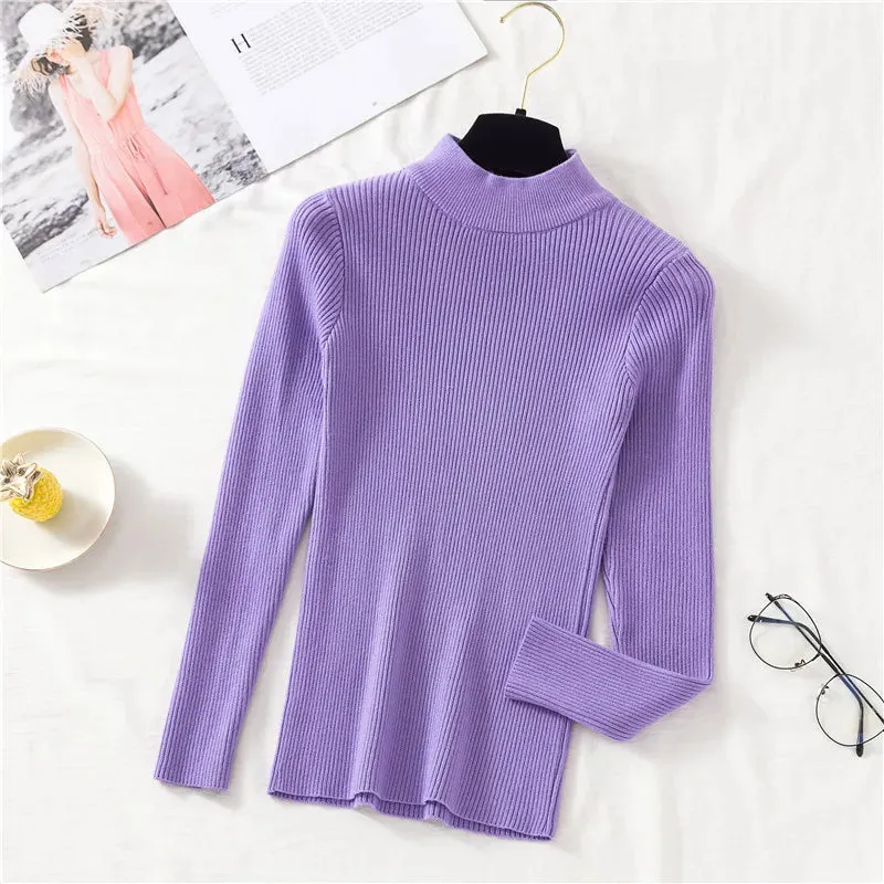 deanwangkt Autumn Women Pullover Sweater Fashion Half Turtleneck Knitted Female Jumper Long Sleeve Winter Black Soft Elastic Blouse