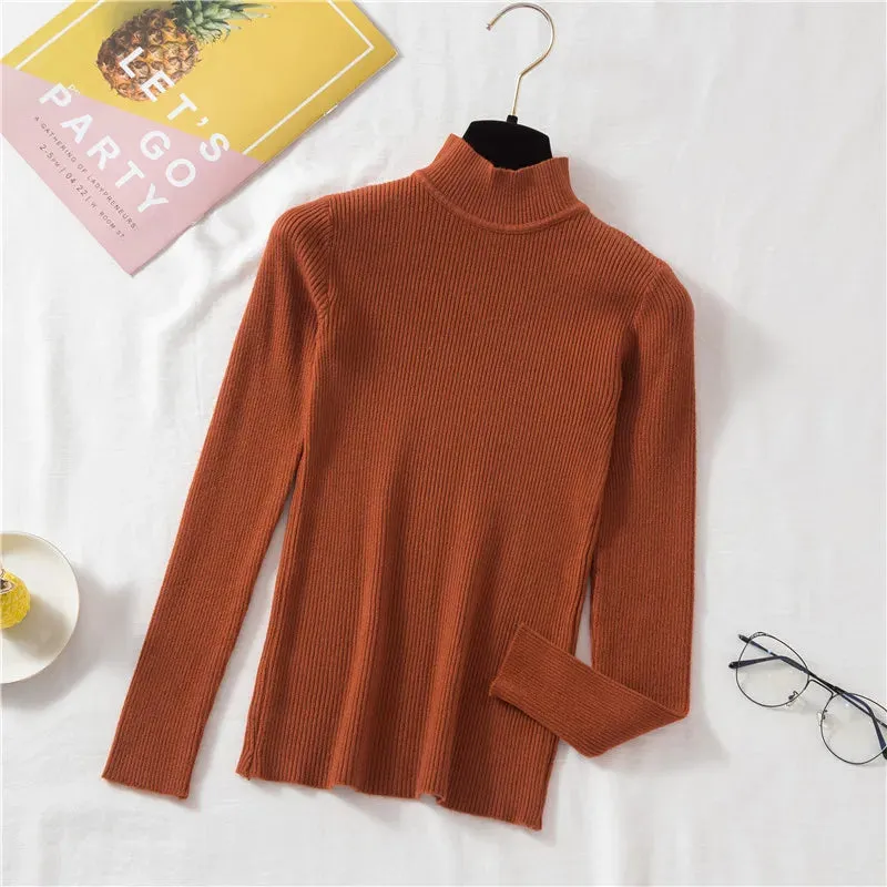 deanwangkt Autumn Women Pullover Sweater Fashion Half Turtleneck Knitted Female Jumper Long Sleeve Winter Black Soft Elastic Blouse