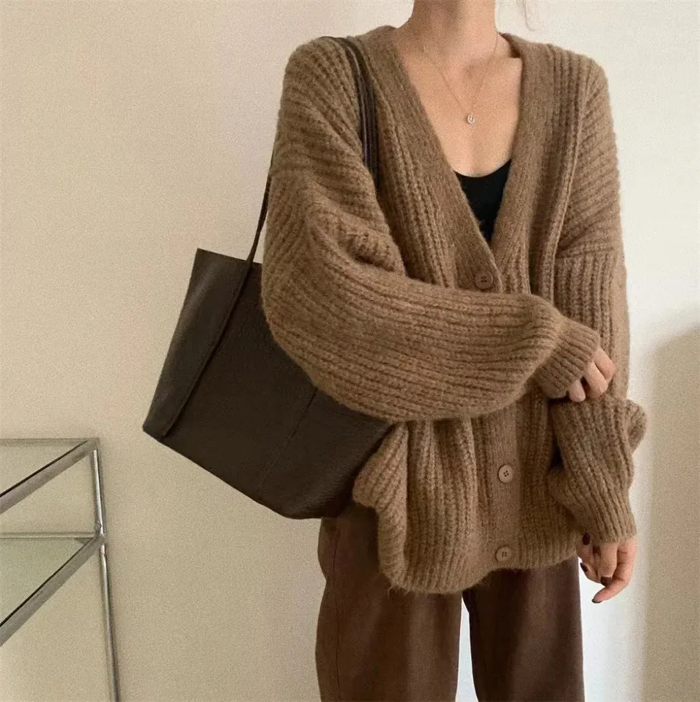 deanwangkt Chunky Knit Cardigan Women Long Sleeve V-Neck Button Up Sweaters Jacket Chic Knitwear Autumn Winter Outfit